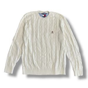 Tommy Hilfiger Vintage White Cable Knit Sweater Men’s Medium Crest Logo Pullover